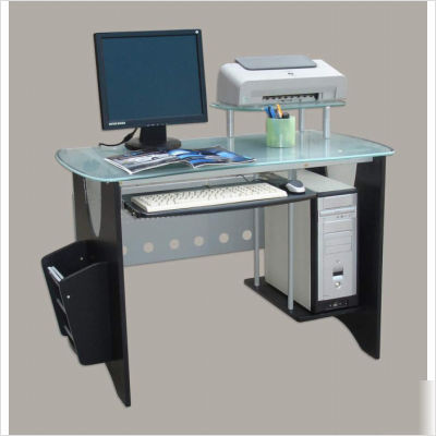 Glass top desk w side rack and cpu holder teak
