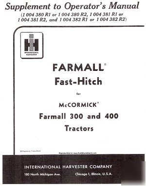 Ih- farmall 300 & ih 400 fast-hitch install & operators