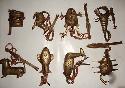 India antique 8 different locks dog, frog, scorpio
