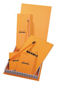 Rhodia classic orange treasue box note pads and pencils