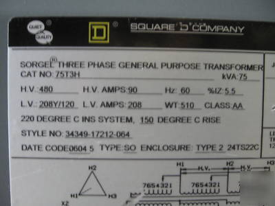 75 kva transformer pri 480V sec 208Y/120 3 ph dry type