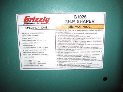 Grizzly 3 hp shaper G1026 w/ delta 36-850 stock feeder