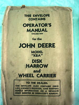 John deere kba disk harrow & wheel carrier manual