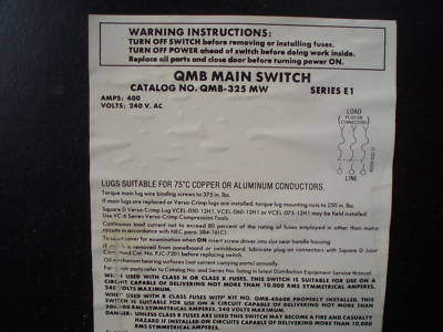 Square d 400 amp qmb-325 fused panel disconnect switch