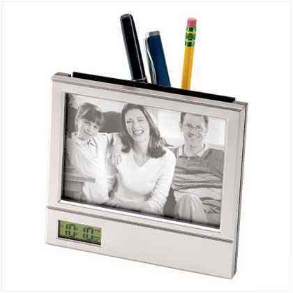 3-in-1 desktop pen pal silver photo frame clock