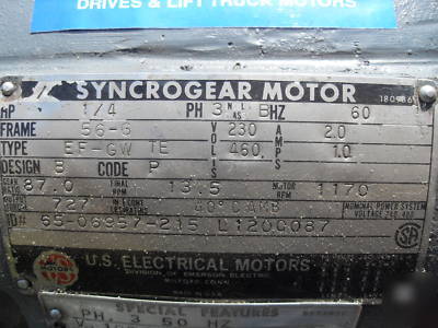 Us motors syncrogear electric industrial motor .25 hp