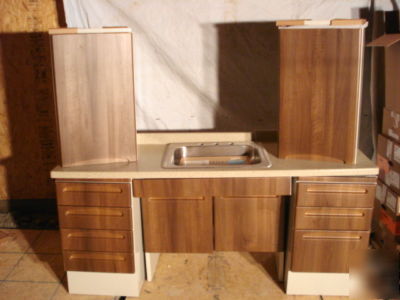 Midmark 5 pc walnut base top cabinet / ss sink faucet