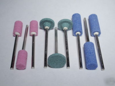 Mounted grinding stone set: 3 pink, 3 blue, 3 green