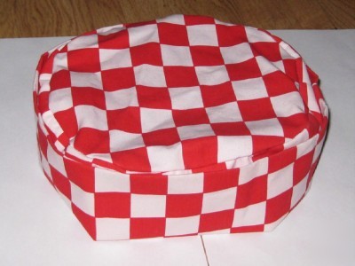 Red & white checks skull cap chef hats x 12 vgc