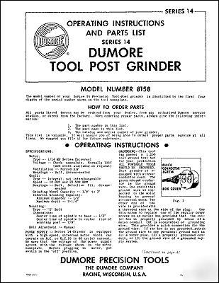 Dumore series 14 tool post grinder manual parts & oper.