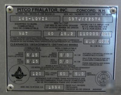 New pitco frialator single well fryer w/ auto lift, ng