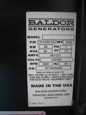 Baldor 80KW generator model IGLC80 - never used- 0 hrs 