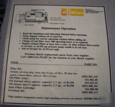 Busch vacuum pump system model #2-RC0100-506-1003