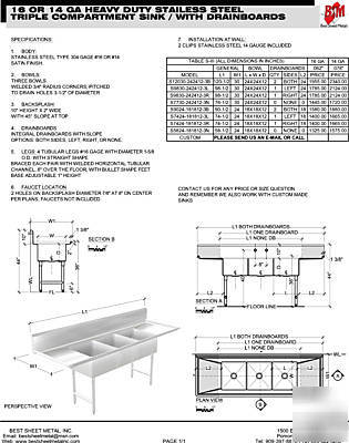 Sink 3 compartment nsf approved heavy duty 16GA, l size