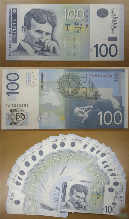 Nikola tesla serbia 100 dinar banknote - 2006 - unc
