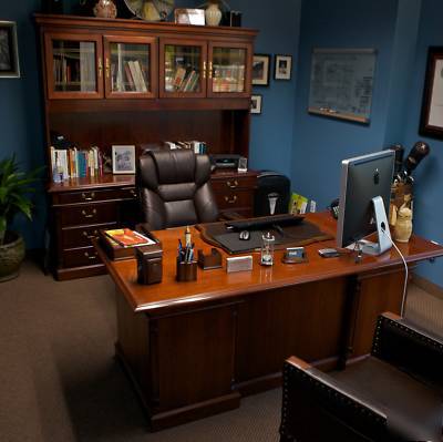 Ofs walnut executive desk set,credenza,& leather chair