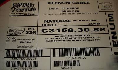 Plenum cable 22/2 22 awg sec/aud shielded wire 1000FT +
