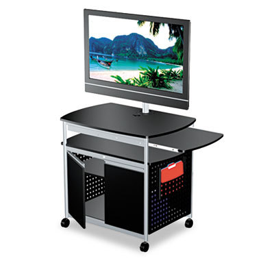 Three shelf flat panel multimedia cart with doors black