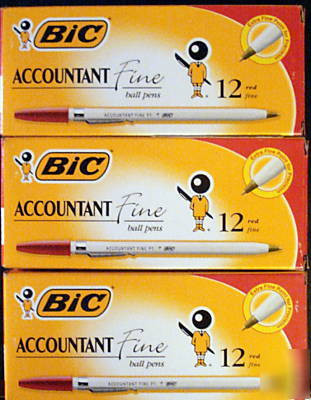 3X bic accountant fine ball point pens 12 per box - red