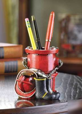 Firefighter pen pencil holder & desk clock office set