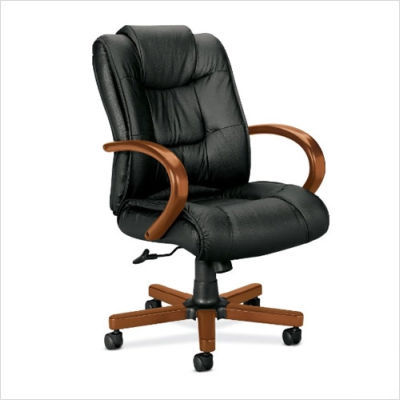 Basyx black leather office chair mahogany fixed arms