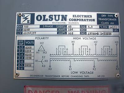 750 kva olsun transformer 4,160 delta -480Y/277
