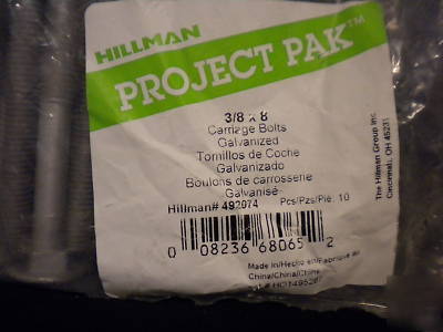 Carriage bolts - 3/8 x 8 inches 10 pack