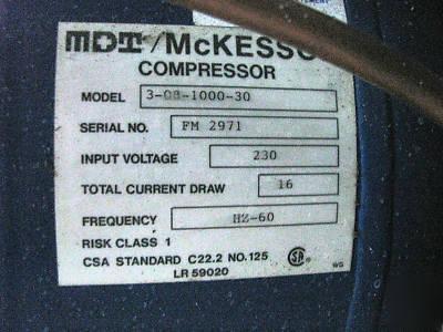 Mckesson dual head 230V dental compressor works good. 
