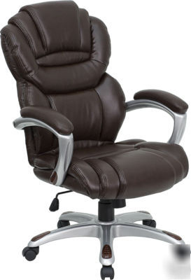 Brown leather executive office chair with padded arms
