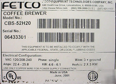 Fetco cbs-52H-20 twin 2.0 gallon coffee brewer