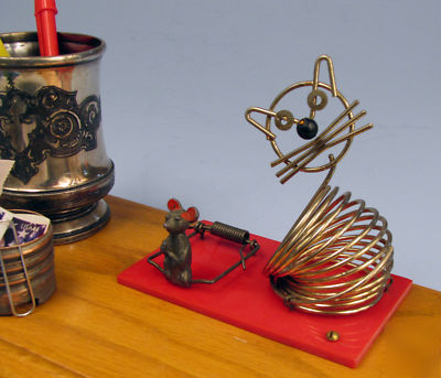 Cat mouse sculpture desk set pen holder repurposed art